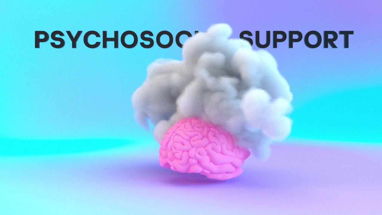 A soft cloud and a pink brain stand in for psychosocial support